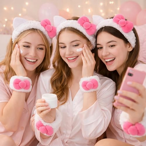 JazSwirl Cat Ear Spa Headband and Wristbands Set for Skincare and Face Washing
