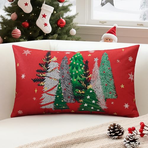 OTOSTAR Christmas Throw Pillow Cover 12x20 Inch - Red Snowflake Design