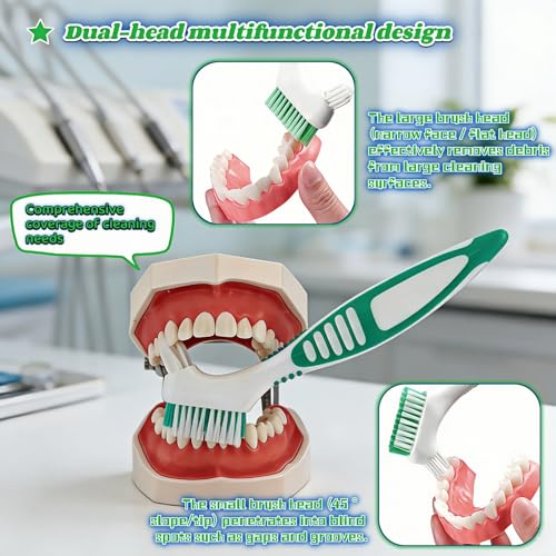Denture Brush 2-Pack Dual Head Cleaner with Angled Bristles and Non-Slip Handle