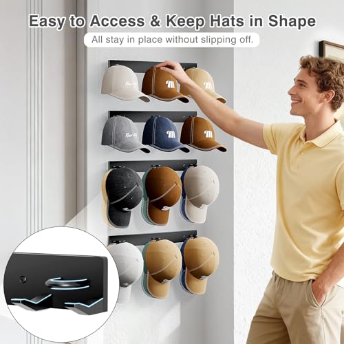 MISSLO Black Hat Rack for Wall - 4 Pack Baseball Cap Organizer