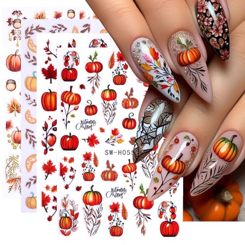 Fall Nail Stickers 3D Thanksgiving Pumpkin Autumn Leaves Decals 4 Sheets