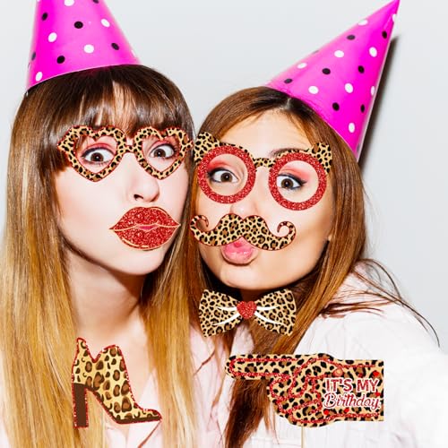 Cheetah and Cherry Photo Booth Props Kit – 16-Piece Birthday Party Decor