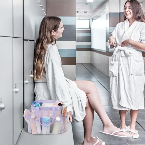 Purple Mesh Shower Caddy - Large 8-Pocket Dorm Bag with S-Hook