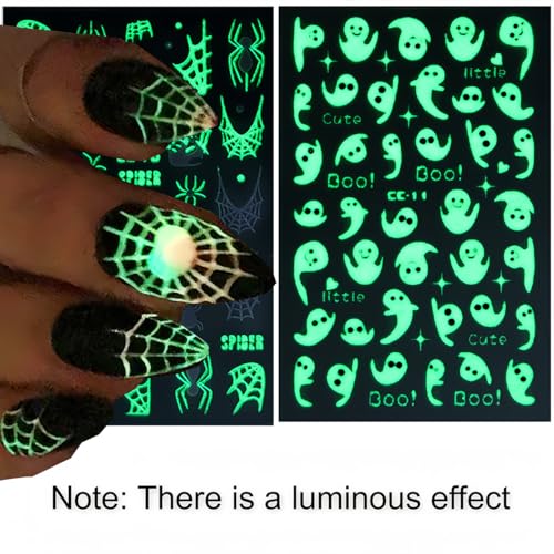 Halloween Luminous Nail Stickers 3D Glow in the Dark Ghost Spider Decals 8 Sheets