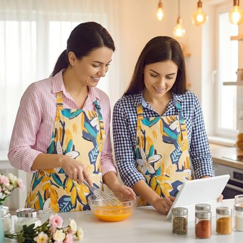 Floral Apron for Women with Pockets - Adjustable Kitchen Chef Apron