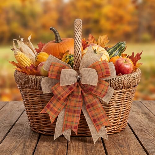 Kutyndrix Fall Wreath Bow - Orange Burlap & Plaid Ribbon 9.4 x 11.8 Inch