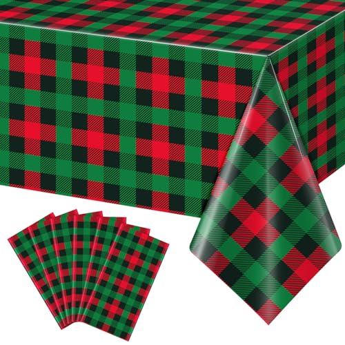 Christmas Plastic Plaid Tablecloth Set - Red & Green Buffalo Check, 54x108 Inches, 6 Pack