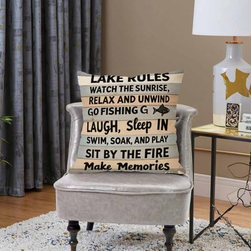 SSOIU Retro Wood Grain Throw Pillow Cover 18x18 Inches - Lake Rules Design