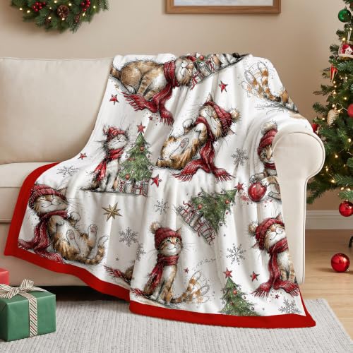 Christmas Fleece Blanket with Red Cat and Tree Pattern - Cozy Holiday Throw