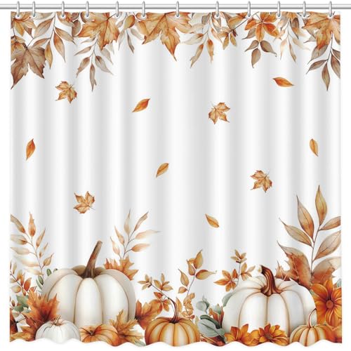 MEHOFOND Fall Pumpkin Shower Curtain, Orange Autumn Maple Leaf Decor 72x72