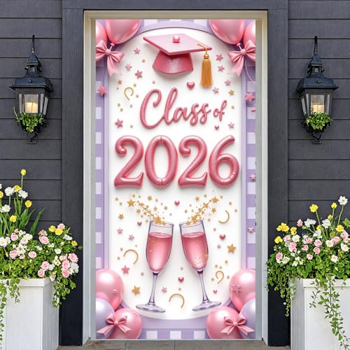 Class of 2026 Graduation Door Cover Banner - Pink Grad Cap & Champagne