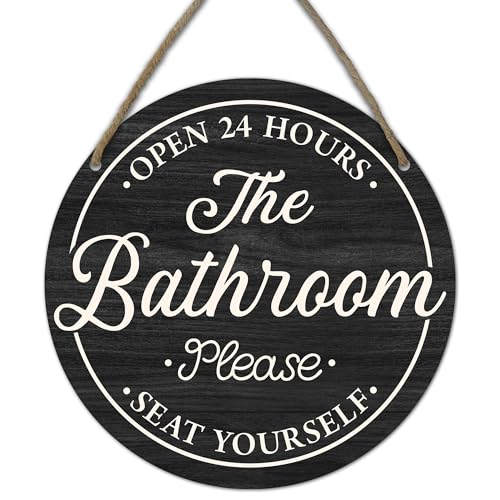 Rustic Round Wooden Bathroom Sign - Open 24 Hours, Black