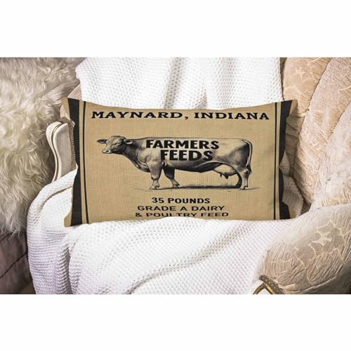 Smooffly Vintage Cow Feed Sack Lumbar Pillow Cover, 12x20 Cotton Linen