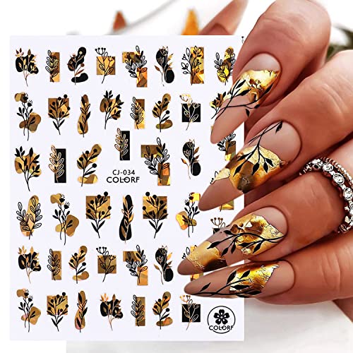 9 Sheets Laser Gold Nail Art Stickers 3D Floral Rose Leaf Decals