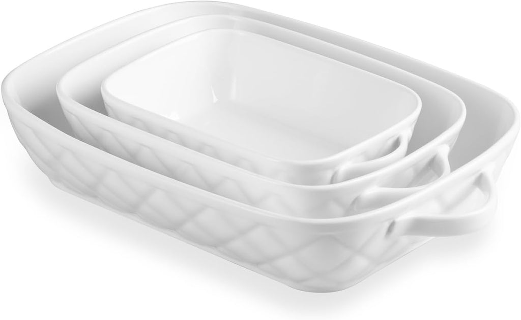 Sweejar Casserole Dishes - Set of 3 Ceramic Bakeware for Oven Cooking | Rectangular 12.2x9.2x2.5 Inches (White)