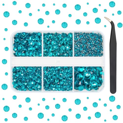 Teal Blue Resin Rhinestones Flatback Assorted Sizes with Tweezer for DIY Crafts