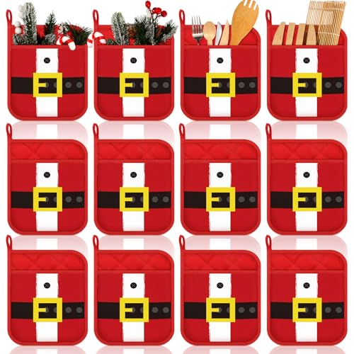 Roshtia Christmas Pot Holders with Pocket - Santa Xmas Kitchen Accessories (12 Pack)