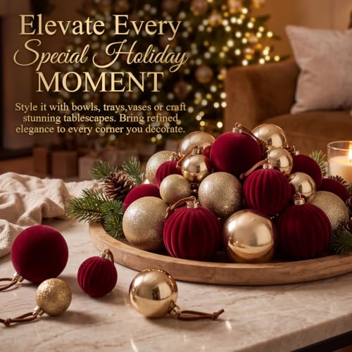 Velvet Christmas Tree Ornaments Set Burgundy Gold 36 Pcs - Red & Gold Variation
