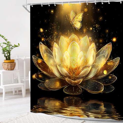 Black Gold Lotus Flower Shower Curtain, 70 x 70 Inch - Boho Design