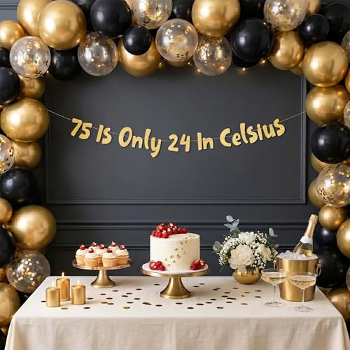 75th Birthday Gold Glitter Banner - Pre-Strung Party Decoration