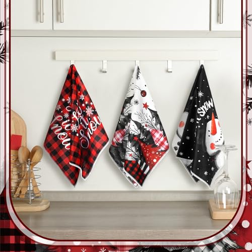 Christmas Kitchen Dish Towels Set - Red Black Buffalo Plaid, 16 Pieces, Holiday Decor