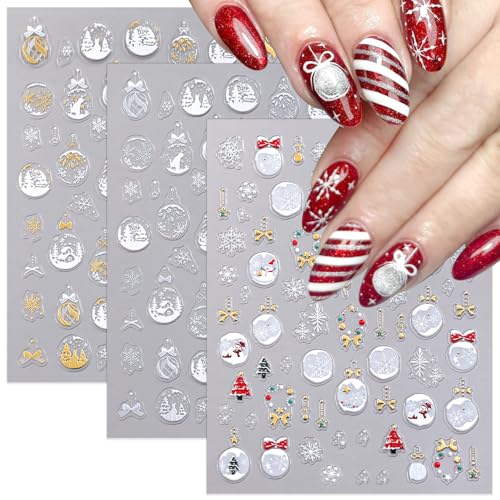 Christmas 5D Embossed Nail Stickers - 3 Sheets Winter Snowflake Decals