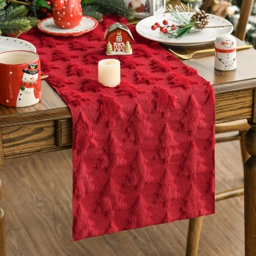 Christmas Tree Table Runner 13x48 Inch Red Plush Faux Fur Holiday Decor