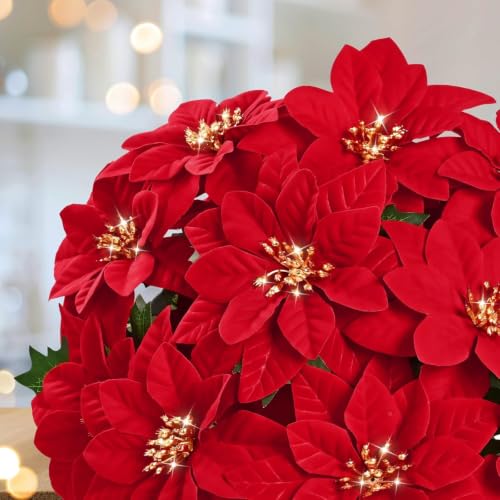 Artificial Poinsettia Flowers - Red Velvet 24 Pack, 17-Inch Christmas Decor