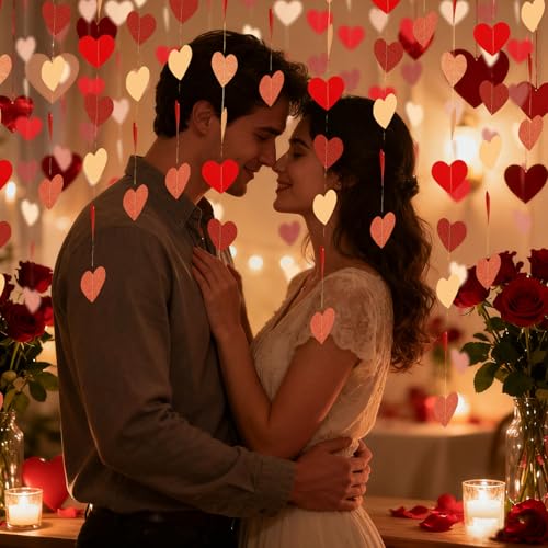 39.2FT Pink Red Glitter Heart Garland - Perfect for Celebrations