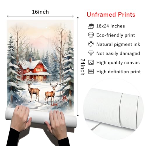Vintage Christmas Deer Canvas Wall Art - 16x24 Inch Unframed