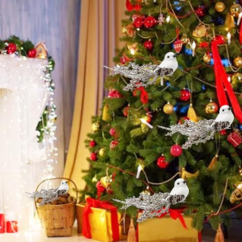 12pcs White Glitter Birds Clip-On Christmas Tree Decorations Winter Wreath Crafts