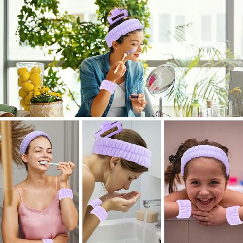Purple Spa Headband and Wristbands Set for Face Washing