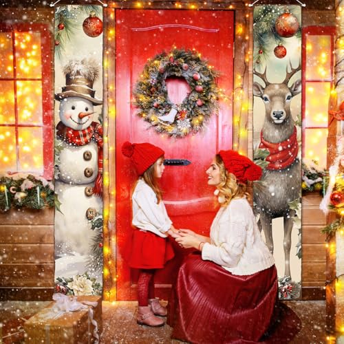 2PCS Christmas Porch Banners Snowman and Deer Holiday Door Decorations