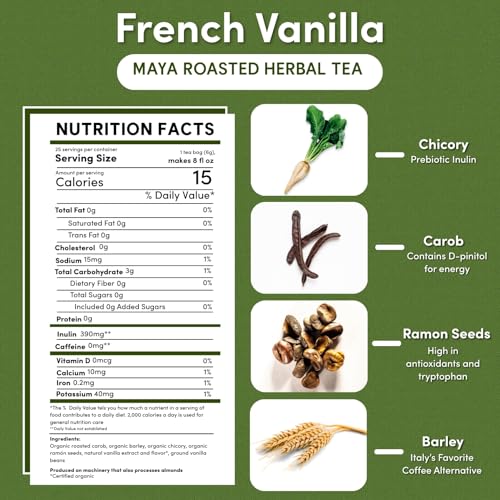 Teeccino French Vanilla Herbal Coffee Alternative - 25 Count, Caffeine-Free Prebiotic Tea