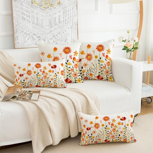 Fall Flowers Lumbar Throw Pillow Covers 12x20 Inch - Set of 2 Farmhouse