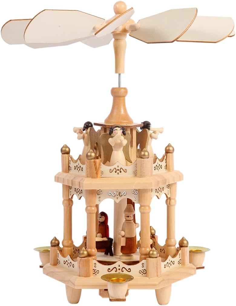 Rotating Christmas Pyramids - 12-Inch Wood Nativity Scene with 3 Candle Holders