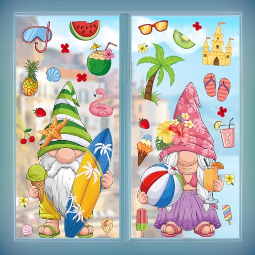 Tropical Gnome Summer Window Clings - Double-Sided PVC Stickers