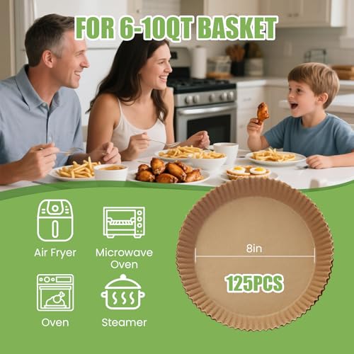 8-Inch Non-Stick Air Fryer Paper Liners 125 Pcs, Round, Oil-Resistant, Food Grade