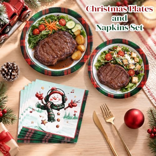 Christmas Disposable Paper Plates and Napkins Set - Snowman & Festive Design, Heavy Duty 9-Inch Dinnerware for Holiday Parties