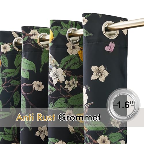 NICETOWN 100% Blackout Floral Curtains for Bedroom, W52 x L84 2 Panels, Hummingbird Lemon Botanical Print Design Thermal Insulated Privacy Drapes, Black Out Curtains for Living Room, Farmhouse