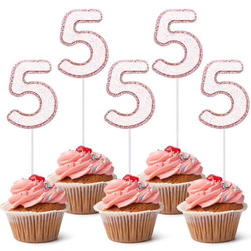 10 Pink Glitter Number 5 Cupcake Toppers for Birthday Parties