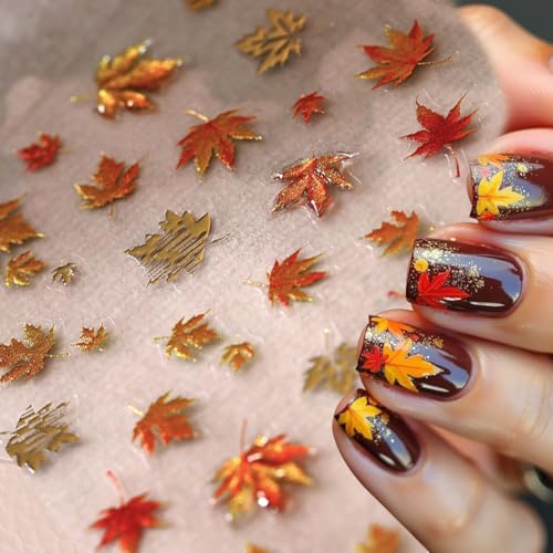 5D Embossed Fall Maple Leaf Nail Art Stickers Self-Adhesive Red Leaves Decals