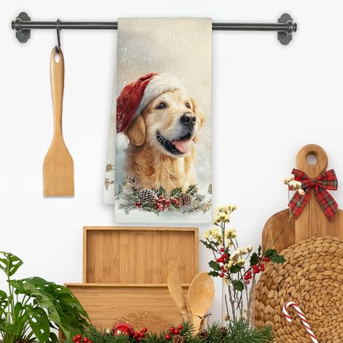 Christmas Winter Dog Themed Kitchen Towels - Cute Holiday Dish Towels for Dog Lovers, 16x24 Inches