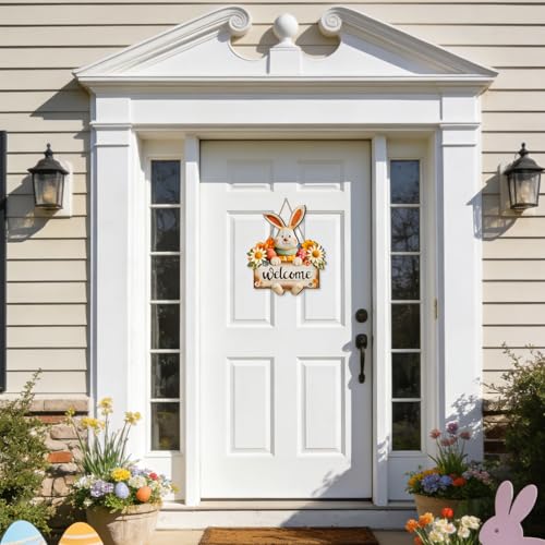 Rustic Easter Welcome Wreath Sign - 13" Wooden Door Decor