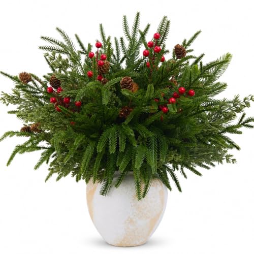 Christmas Norfolk Pine Stems - 16pcs Real Touch Holiday Decor for Vase & Wreaths (Variation: Christmas / 16 PCS)