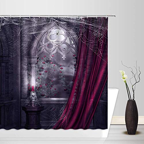 Gothic Halloween Shower Curtain 70x70 Inch - Spooky Skull & Castle Decor