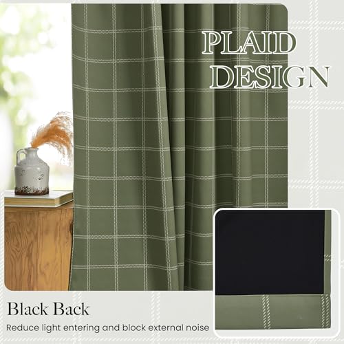 NICETOWN Green Buffalo Plaid Blackout Curtains 96 Inch Long with Rod Pocket & Tabs - Olive Green & White, Pack of 2