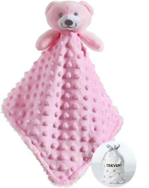 CREVENT Baby Security Blanket - Soft Minky Dot & Sherpa Backing, Adorable Pink Bear Design for Infants
