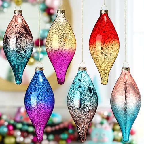 Colorful Neon Glass Christmas Ornaments Set - Mercury Glass Finials with Gradient Finish, 6 Pack