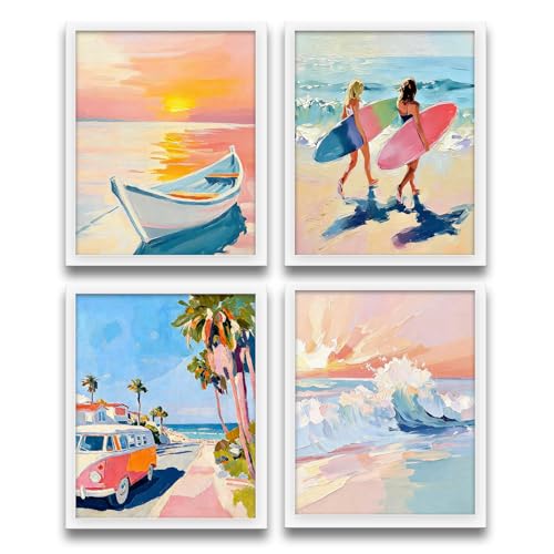 Pastel Coastal Beach Wall Art Prints Set of 4 - Nautical Sunset, Palm Tree & Surfer Girl, 8x10 - Color A